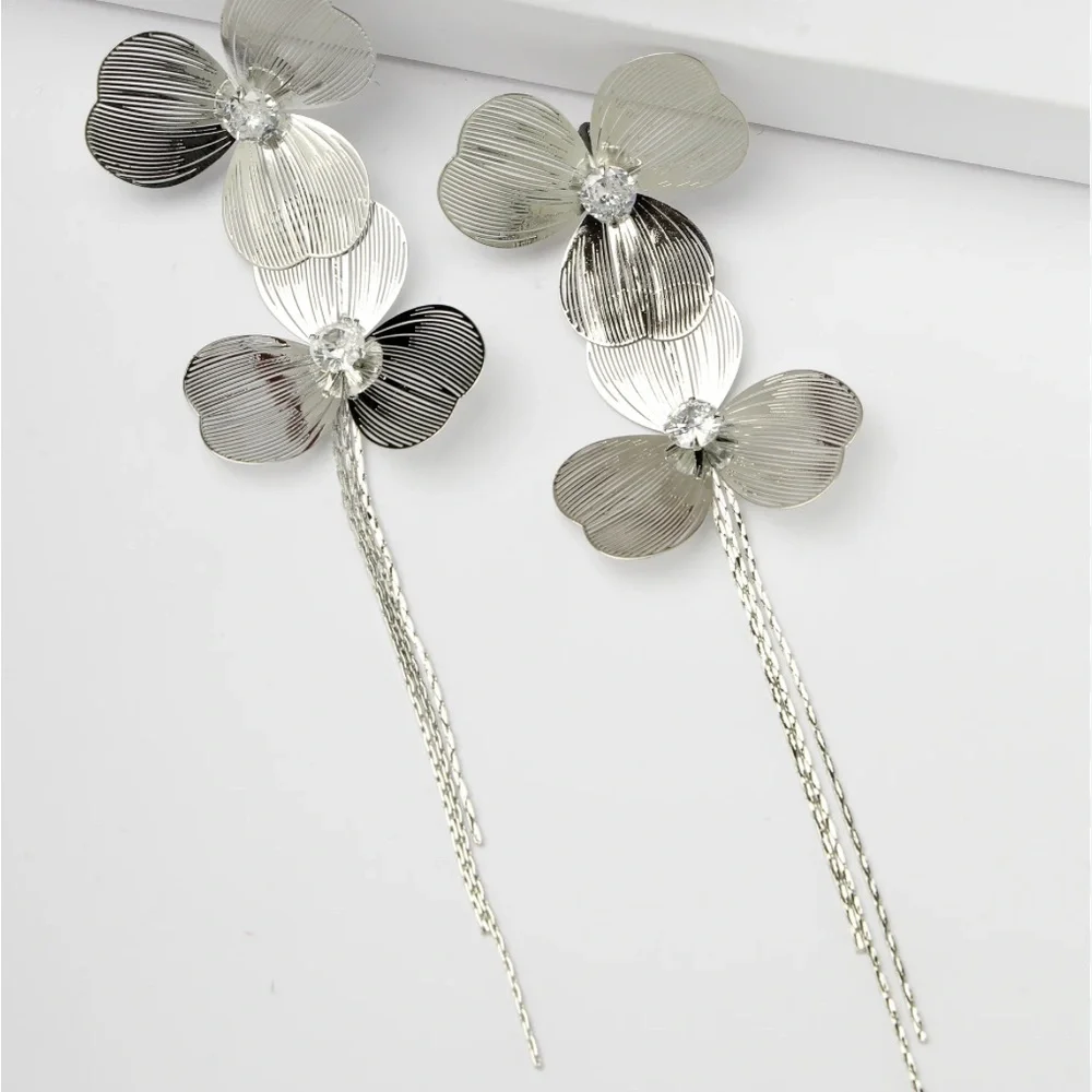 Cascading Silver Tassel‎ & Crystal Rhinestone Dangle Statement Pierced Earrings